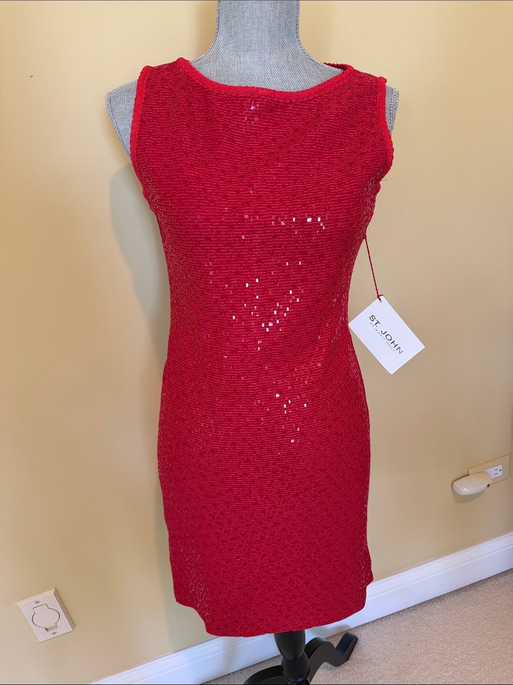 St. John Red Sleeveless Sequin Knit Sheath Dress
